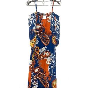 RUE 21 Women's Boho Paisley Floral Off Shoulder Maxi Dress - Blue/Orange/Yellow